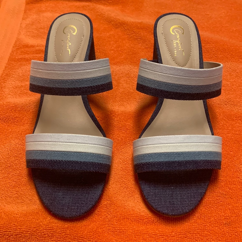 Navy and white denim heels.